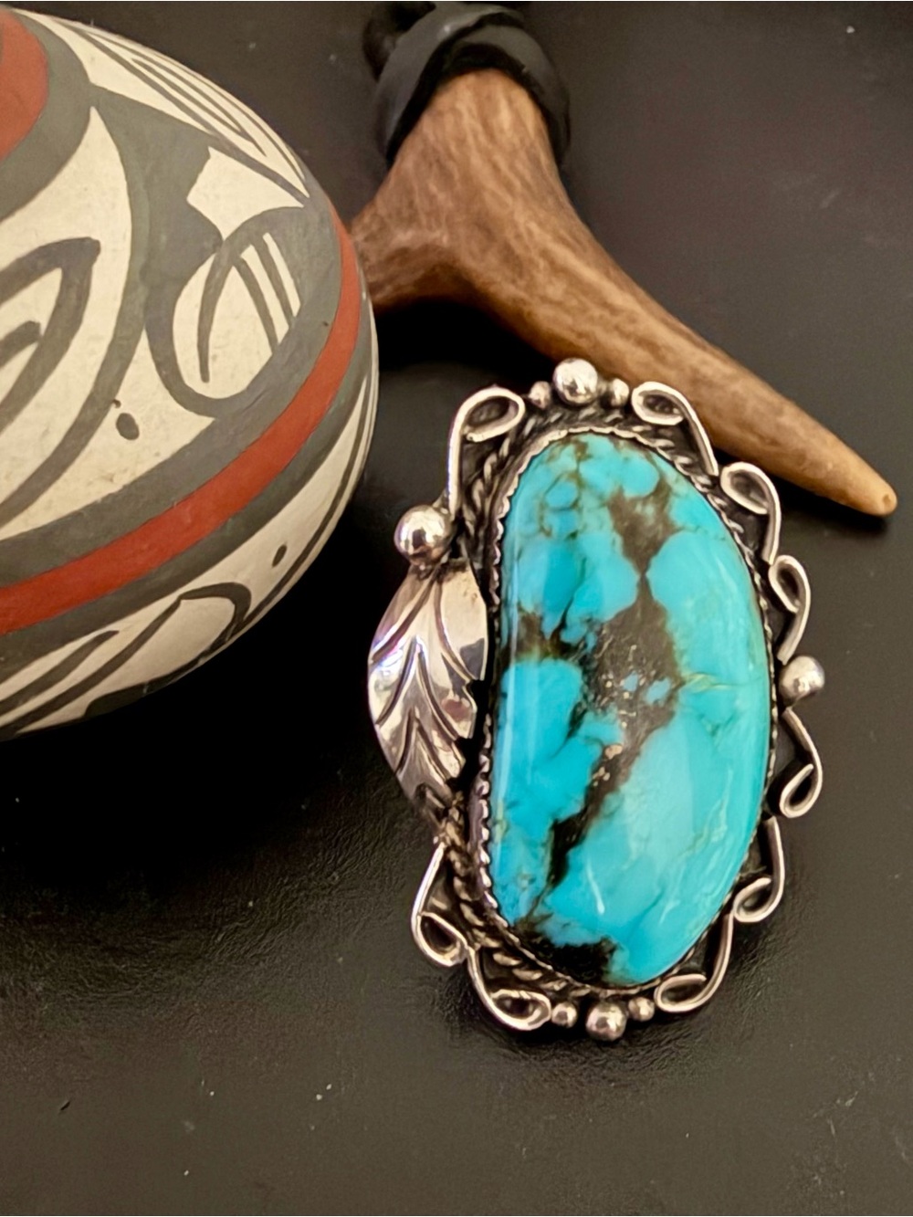 Vintage Large Navajo Diné Turquoise Sterling Silver Statement Ring 1.5” Long